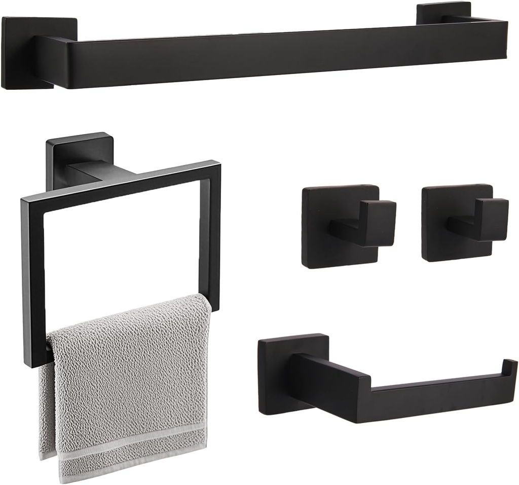 5-Pieces Matte Black Bathroom Hardware Accessories Set, 15.6 inch Towel Bar,Towel Racks for Bathroom, Robe Towel Hooks, Toilet Paper Holder Wall Mounted