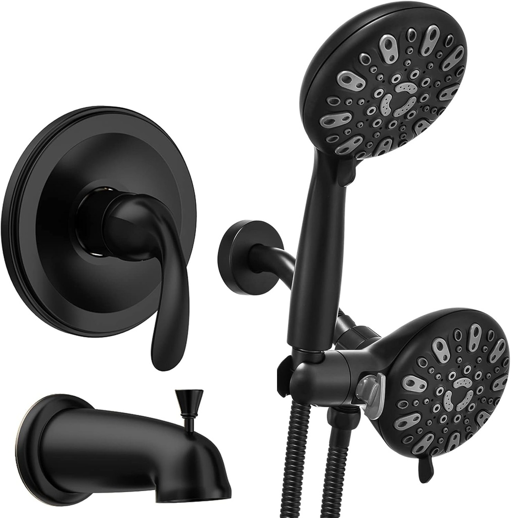 WRISIN Black Shower Faucet Set with Tub Spout (Valve Included), Black Shower Head and Handle Set with Handheld
