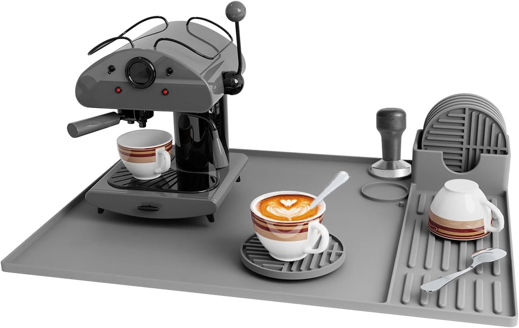 Silicone Coffee Mat, 9.84‘’x10.62'' Coffee Bar Mat with 6 Coasters, Coffee Bar Mat for Countertop, Silicone Mats for Kitchen Counter, Coffee Station Pad Accessories Fit Under Coffee Maker