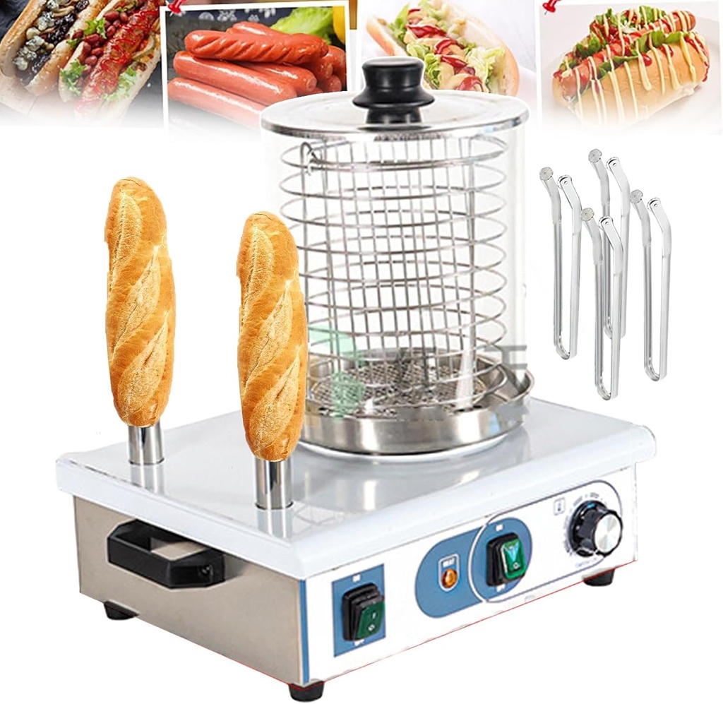 Hot Dog Maker, Bread Warmer, Commercial Sausage Grill, Professional Electric Food Steamer for Breakfast Food (4 Grilling Tongs)
