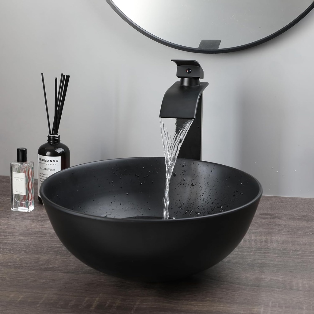 13" Round Stone Resin Vessel Sink with Pop-Up Drain Combo Black Bathroom Sink Above Counter, Art Basin Vanity Sink for Small Bathroom