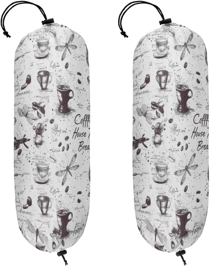 Coffee Pattern Plastic Bag Holders Set of 2, Reusable Grocery Bag Storage Organizer Shopping Bag Holder Hanging Trash Bag for Home Kitchen Decor