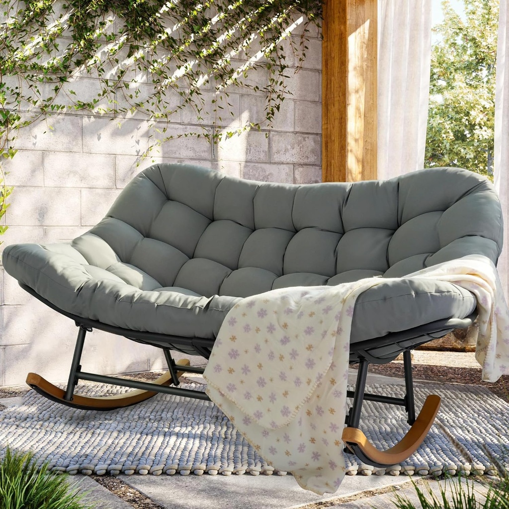 Rocking Papasan Chair,Patio Rocking Chairs for 2-Person Indoor & Outdoor,Oversized Rocking Chair with Thicken Cushion and Steel Frame,Rocker Lounge Chair for Yard,Living Room,Grey