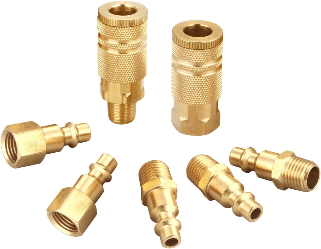 Air Hose Fittings Quick Connect Brass Air Coupler and Plug Kit, Industrial Type D, 1/4 Inch NPT Air Compressor Fittings, (7 Piece)