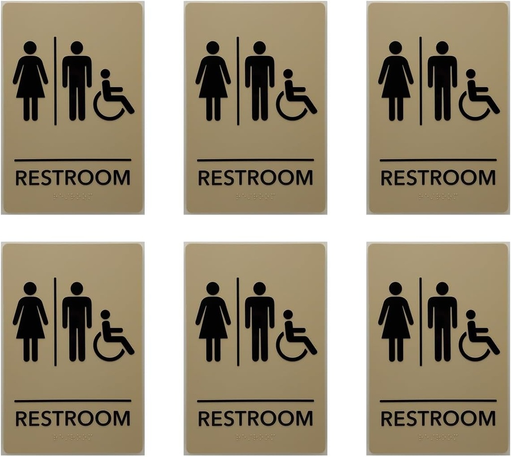 MitUSA® ADA Compliant, Unisex Handicap Bathroom Room Sign, Raised Icons, & Grade 2 Braille - Includes Adhesive Strips for Easy Installation - 6" W x 9" H Made in the U.S.A. (Taupe, 6-Pack)