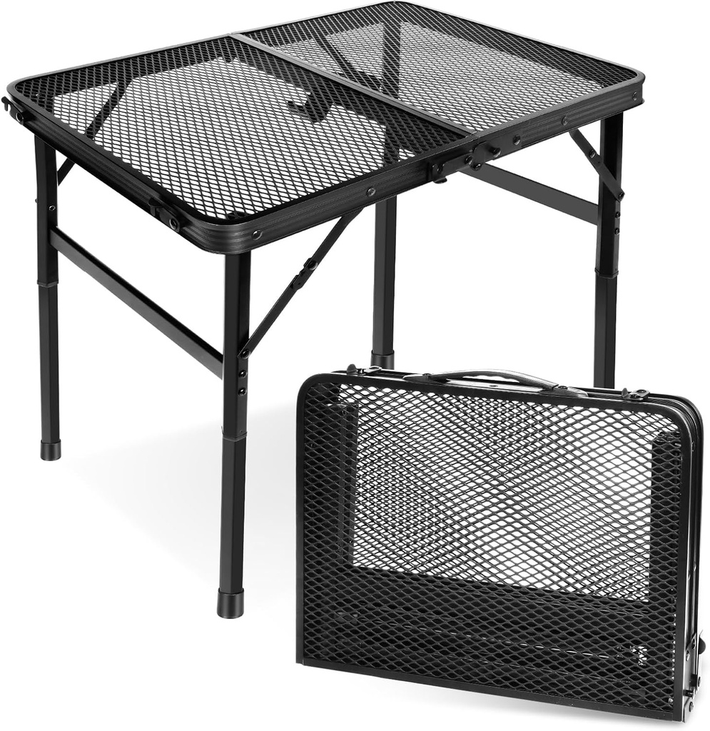 2Ft Small Folding Table with Carry Handle, Adjustable Height 10.6–22 in, Black Metal Mesh, Portable & Compact Indoor/Apartment/Card/Side/Grill Table, 23.6×15.8 in, 4 lb, 66 lb Capacity