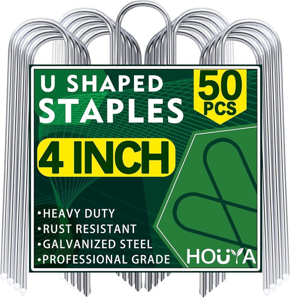 50 Pack Garden Stakes 4 Inch U-Shaped Drip Irrigation Stakes Galvanized Landscape Staples Garden Pins Yard Lawn Ground Stakes for Soaker Hose Drip Line Tubing Landscape Fabric Weed Barrier