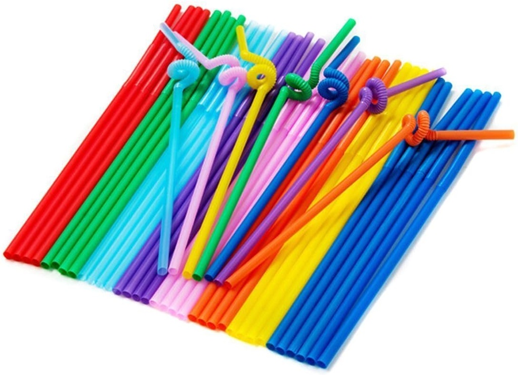 Flex Drinking Straws Set - Disposable Long Drinking Plastic Straws - Assorted Multi Color (200)