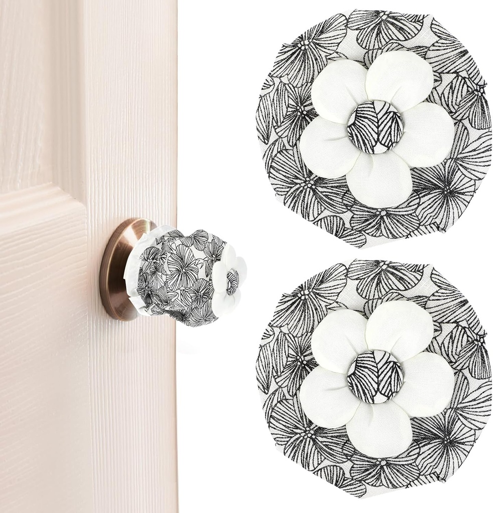 2Pcs Door Knob Covers with Soft Foam Cushion, Black and White Floral Pattern Anti-Static Door Handle Covers, Reusable Round Cotton Door Knob Cover Protector Decoration