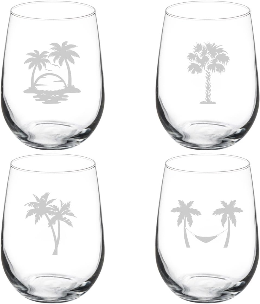 MIP Set of 4 Wine Glass Gift Palm Tree Collection (17 oz Stemless)