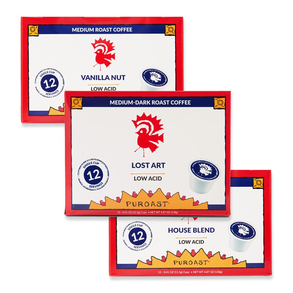 Puroast Low Acid Coffee Pods – Medium Roast - House Blend, Lost Art & Vanilla – Single Serve Pods – Keurig Compatible – High Antioxidants – GERD Friendly – 3 Pack 12 Ct