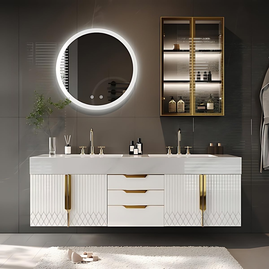 Bathroom Vanity with Sink - Elegant Double Sink Bathroom Vanity Cabinet & LED Defog Mirror, Modern Floating Vanity with Multi-Layer Solid Wood Material, Wall Mounted (White, 60")