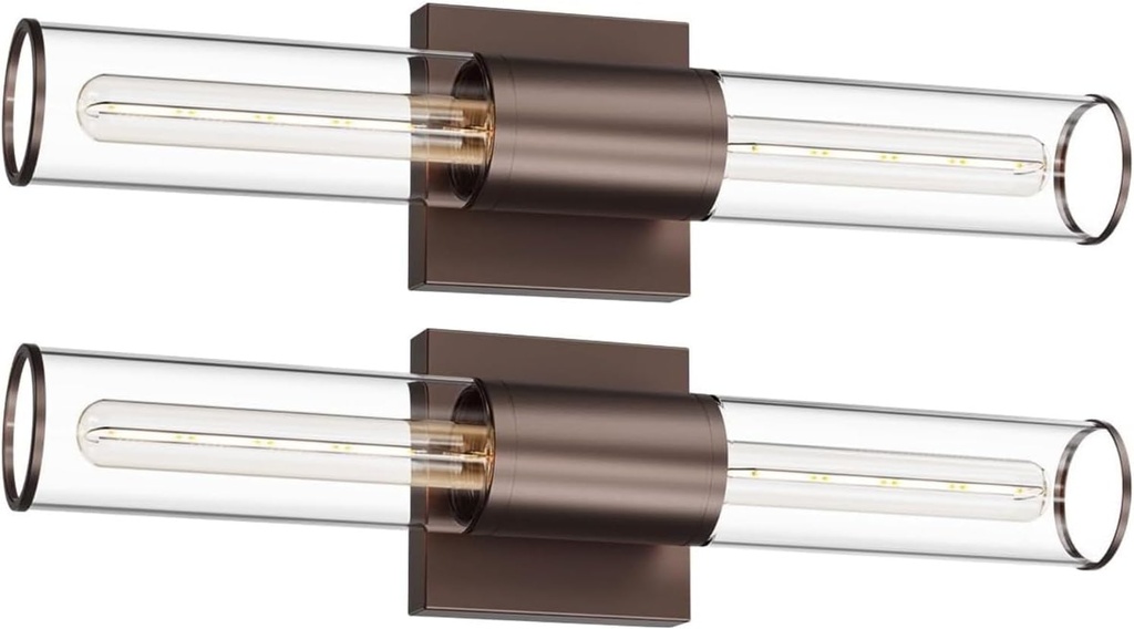 2 Pack Farmhouse Bath Vanity Light Fixtures, Oil Rubbed Bronze Indoor Wall Sconces Lights with Cylinder Clear Glass 2-Light, Bathroom Vanity Wall Lights E26 Base for Bedroom Over Mirror
