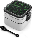 Green Leaves on Black Wall Bento Box Adult Lunch Box All-in-One Lunch Containers with Removable Compartments Double Layer Bento Lunch Box with Spoon And Handle Stackable Lunchbox