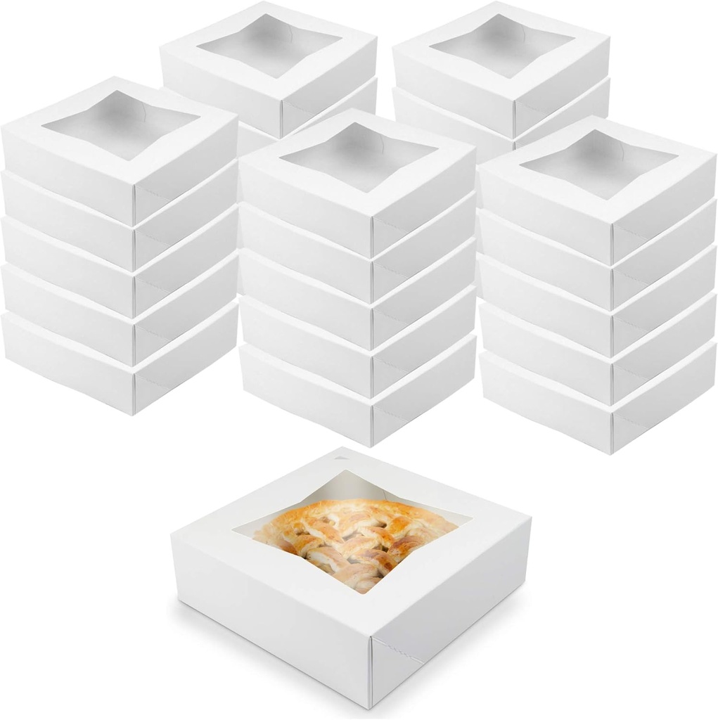 O’Creme White Bakery Boxes with Window 8x8x2.5 in, 25 Pack, Display Pies, Pastries, Cupcakes and Cookies | Paperboard White Kraft Auto-Popup Window Cake Boxes, Pie Pastry Container Carrier