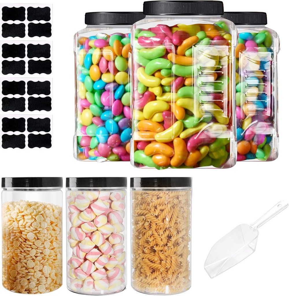 6 Pcs 1 Gallon Clear Plastic Jar with Lid and 25 oz Round Jar Wide Mouth Screw Top Storage Containers, Plastic Canisters for Candy Cookies Food with Spoon Labels and Pen
