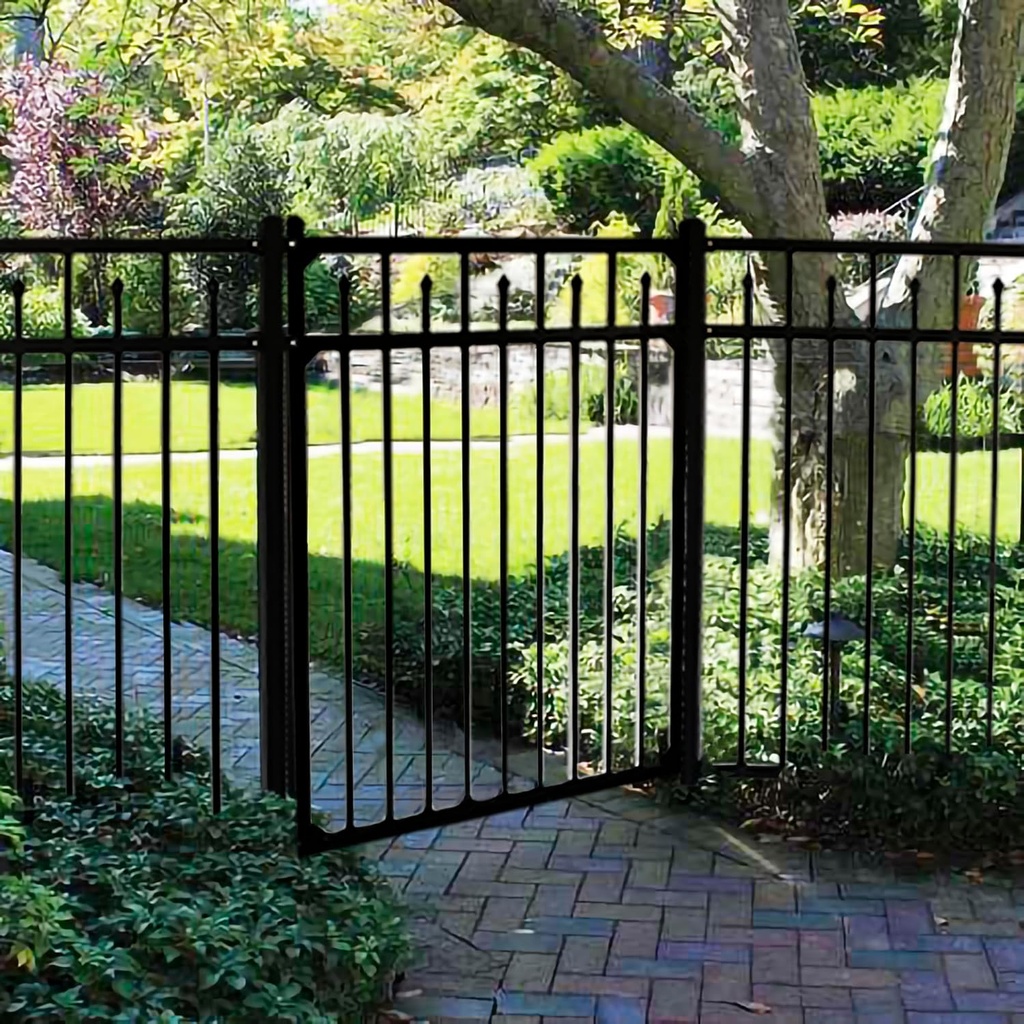 Steel Fence Gate 6ft H x 4.2ft W for Metal Fence Panels, Galvanized Steel Gate, DIY Installation for Garden Fence/Backyard, Wrought Iron Style Metal Gate, 3-Rail Black Upgraded Incl. 1 Post