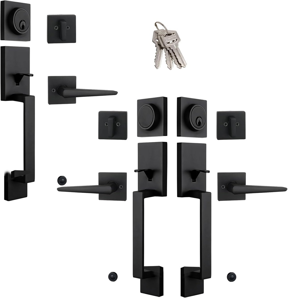 Keyed Alike Double Door Handle Set&Single Door Handle Set, Matte Black Halifax Exterior Door Lockset with Deadbolt&Lever, Left&Right Handed