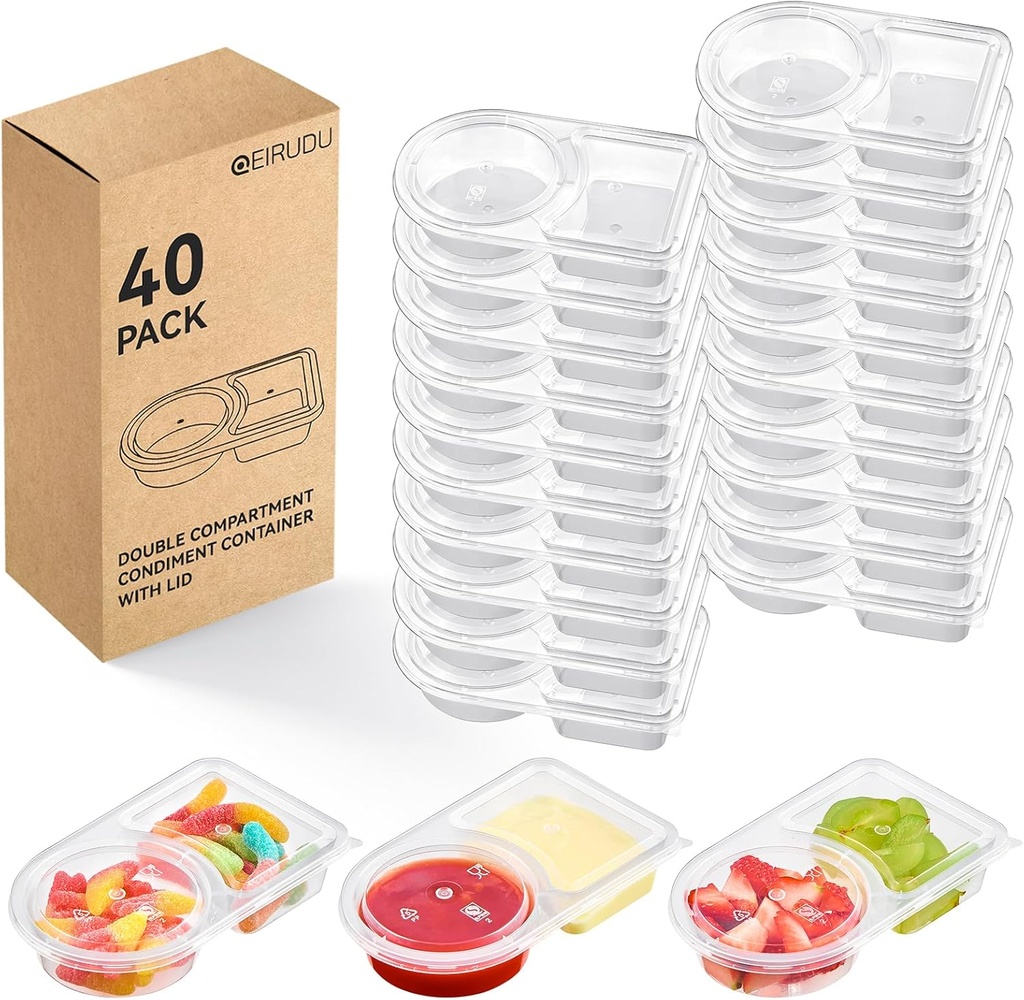 Qeirudu 40 Sets 6 oz Reusable Plastic Snack Containers, Double Compartment Condiment Containers with Lids for Meal Prep, Dipping Sauce, Portion Control, Travel Snack