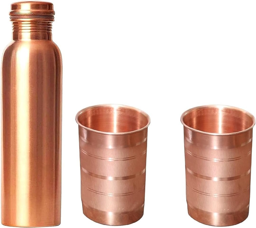 Copper Tamba Water Bottle (1 L) with 2 Copper Tamba Glass Tumbler (250 ML) Set of 3 Pieces Matt Finish Dirt Proof, Leak Proof and Joint Less, Water Bottle