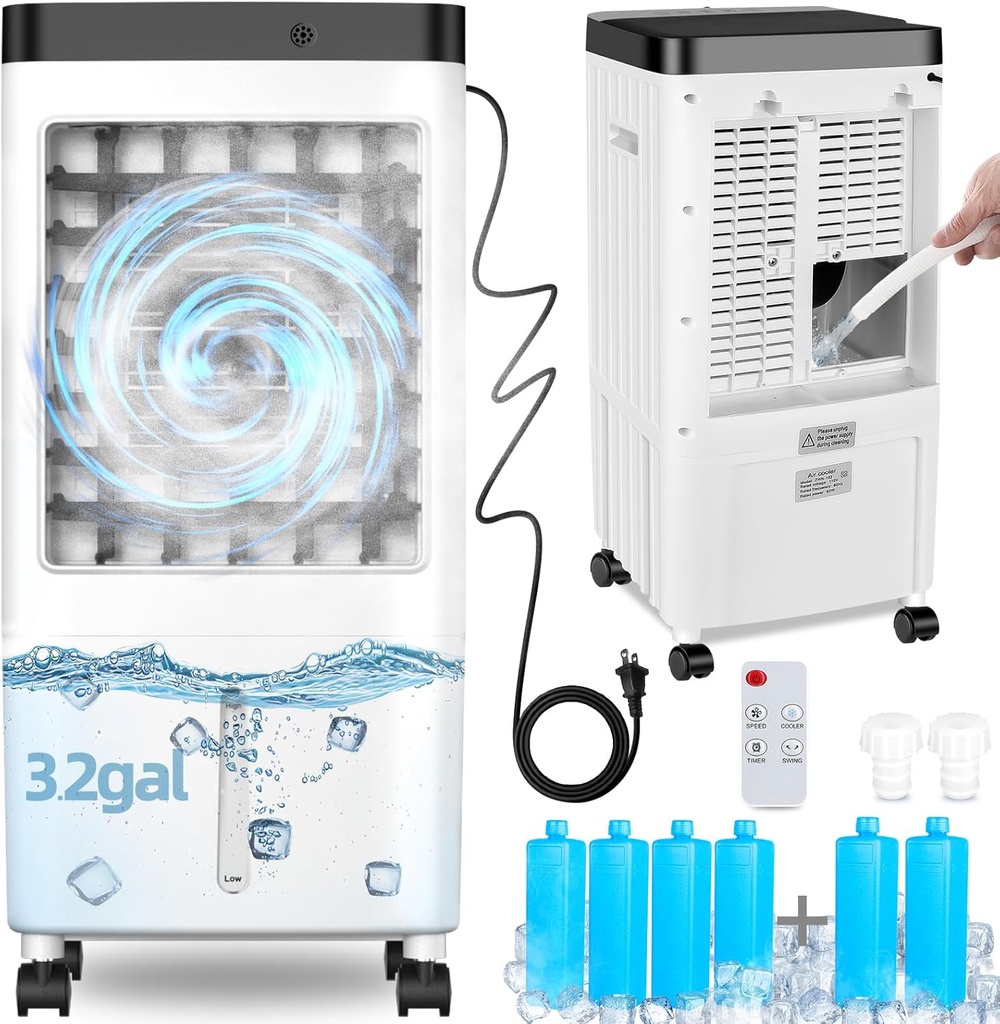 Evaporative Air Cooler,Swamp Cooler with Enlarge Water Tank,Swamp Cooler Air Conditioner with Timer,3 Speeds,80° Oscillation,20H Air Cooler for Room Office Kitchen Bedroom Garage(Include 6 Ice Packs)