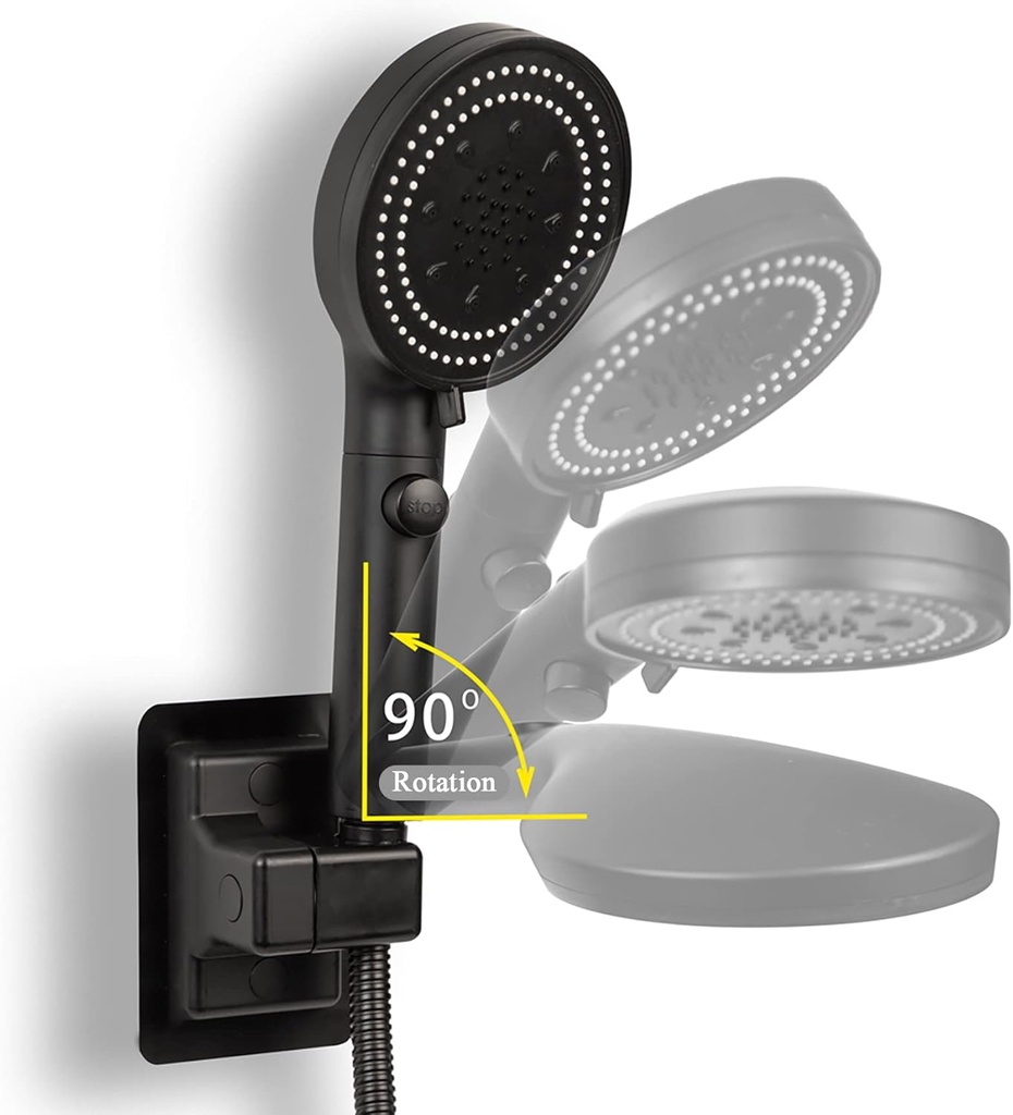 High Pressure Handheld Shower 5-Settings、Leakproof Extra Long 78 Inch Stainless Steel Hose、Adhesive Shower Head Holder（Height/Angle Adjustable）、Matte black(Classic)、ON/OFF Pause Switch