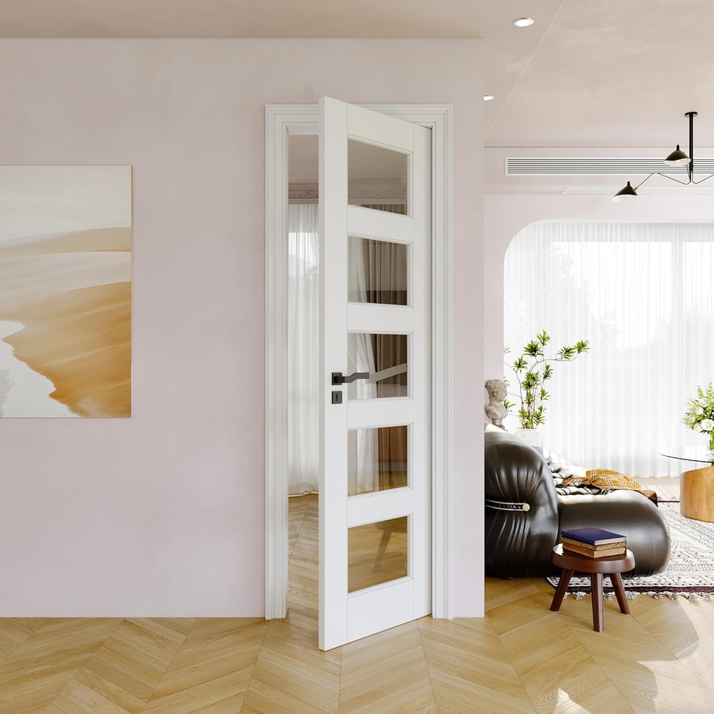 24" x 80" Slab Door, 5-Panel Pre-Assembled Clear Glass Interior French Door Slab, Solid Core & Pre-Finished Single Panel for Pantry Bedroom Closet as Pocket, Bifold, Barn Doors-Shaker w/o Hardware