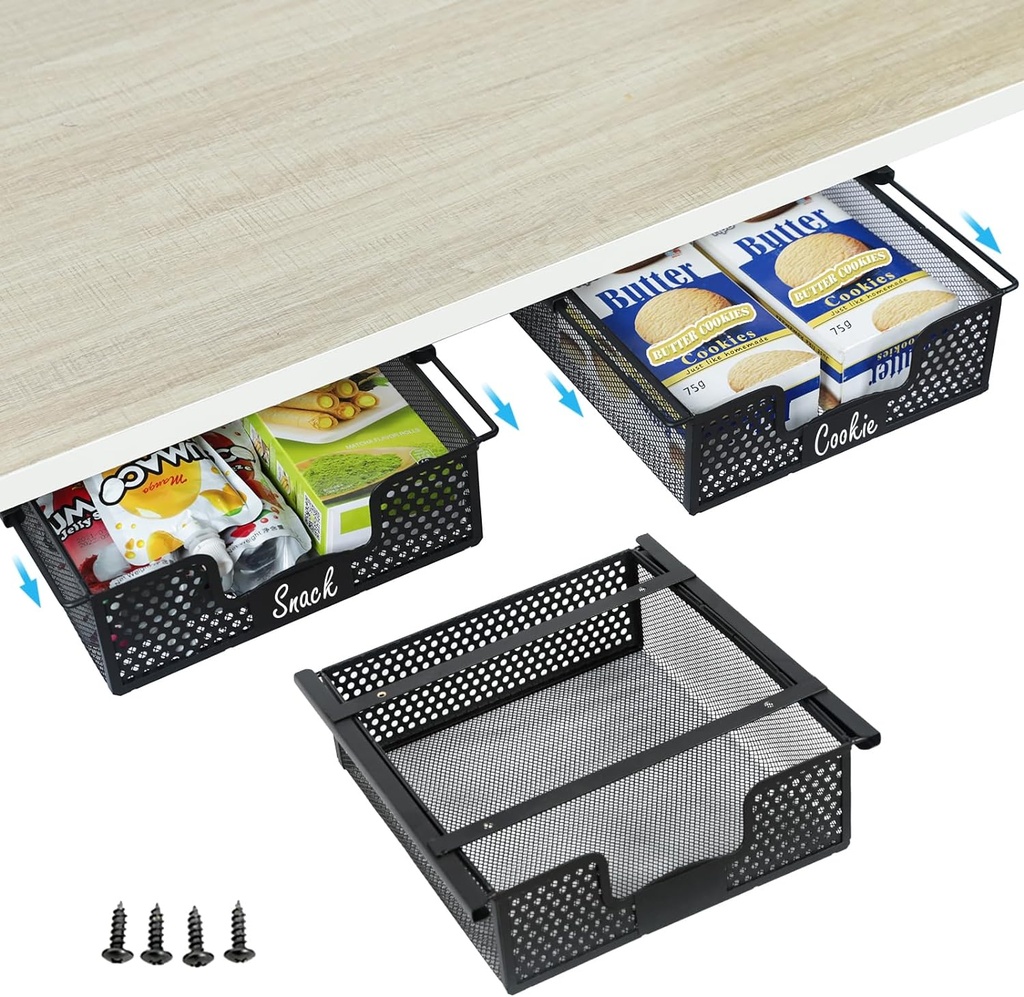 Hanging Pullout Drawer Organizer, Sliding Under Shelf Storage, Under Cabinet Storage Organizer - Wire Basket Attaches to Shelf, Space Saving for Kitchen Counter Pantry Cupboard - 3 Pack