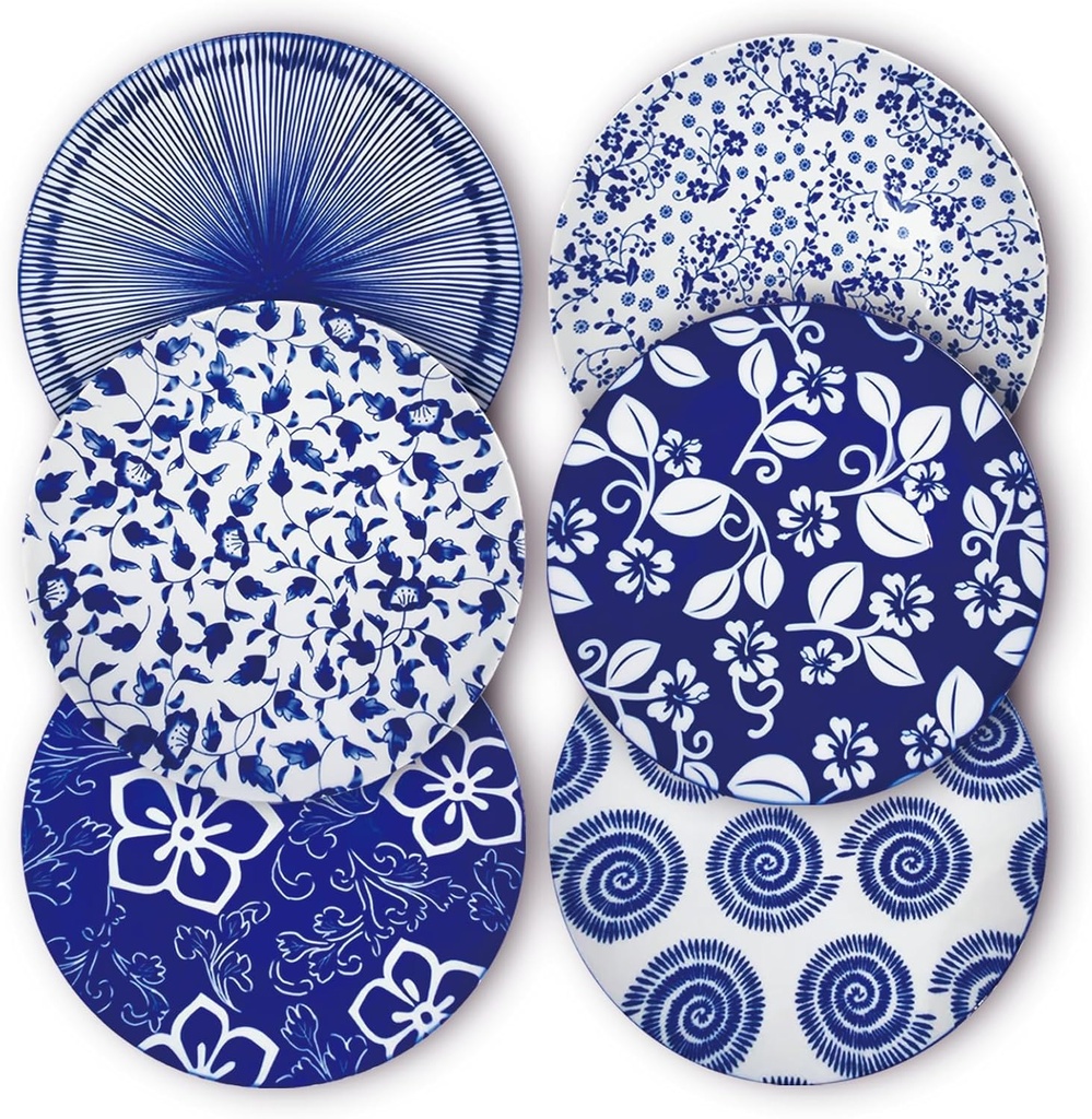 8 Inch Ceramic Dessert Salad Appetizer Pasta Steak Pancake Fruit Dinner Plates Set of 6, Premium Gift for House Warming, Birthday, Microwave/oven/Dishwasher Safe, Vintage Blue, Japanese Style