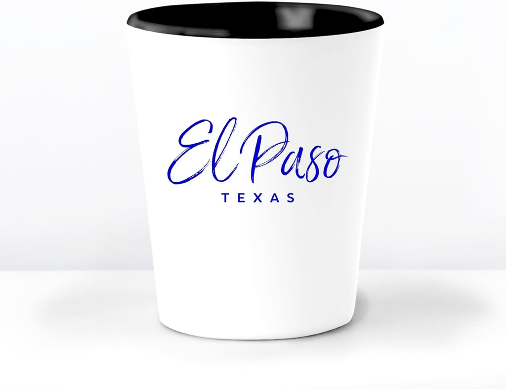 Generic El Paso TX Ceramic 1.5 Ounce Souvenir Shot Glass - White With Black Interior - Bachelor & Bachelorette Party Favors - Bridesmaid & Groomsmen Present - Texas Home Town Decoration, Blue Text