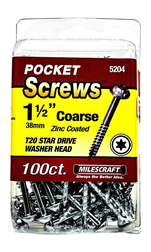 Milescraft 5204 Wood Pocket Hole Screws - #7 x 1-1/2" Washer Head with Coarse Thread (100pc.), Torx Drive Self-Tapping, for Indoor Use