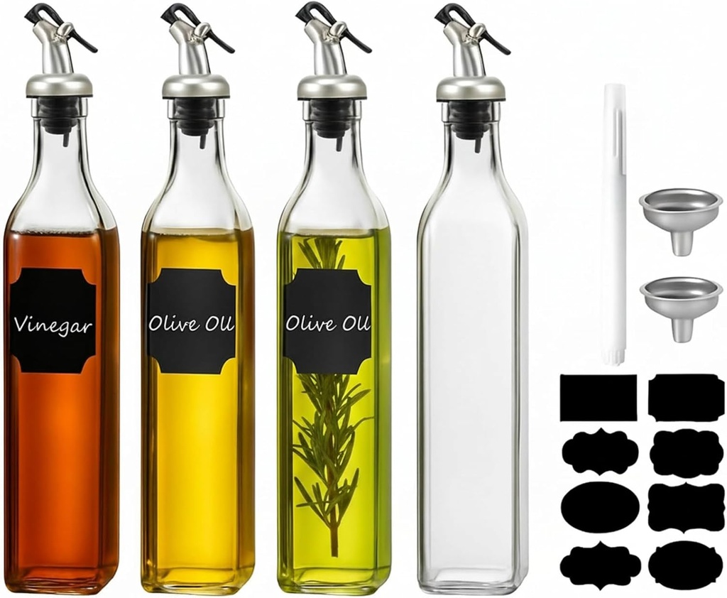 WERTIOO Olive Oil Dispenser Bottle,4Pack 17 OZ Glass Oil Dispenser for Kitchen with 4 Pourer,1 Stainless Steel Funnel & 1 Pen and 8 Label for Kitchen (500ml)