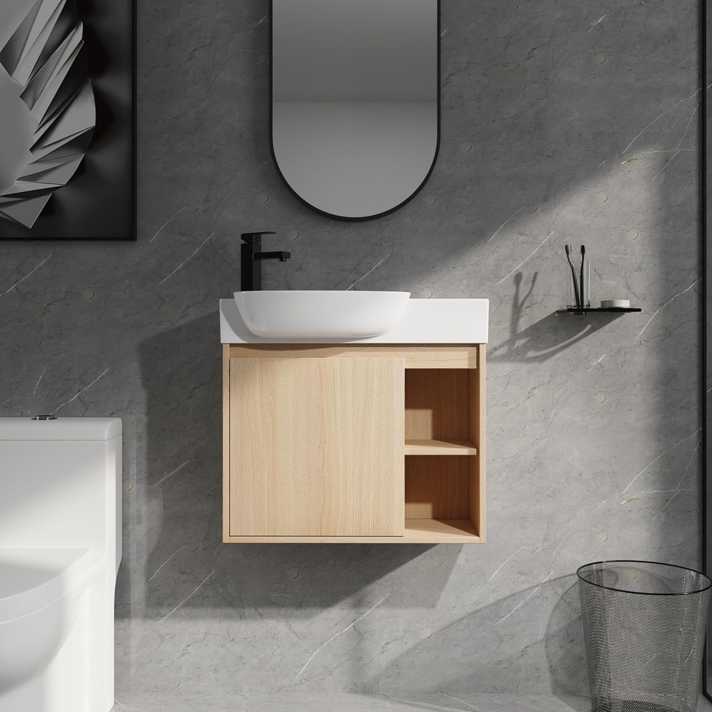 26'' Bathroom Vanity with Sink, Floating Small Vanity Sink Cabinet with White Ceramic Sink, Modern Wall Mount Bathroom Cabinet with Soft Close Door, Oak