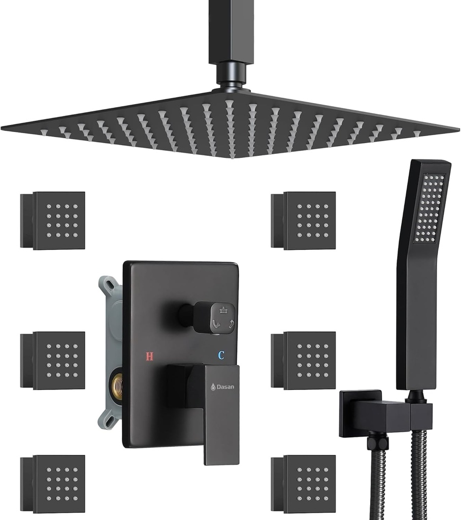 DASAN Full Body Shower System with 6 PCS Body Spray Jets & 12'' Rain Shower Head & Handheld, Ceiling Mount Rain Shower System Matte Black Shower Faucets Sets Complete with Valve, SA-SS03AMB-S12C2
