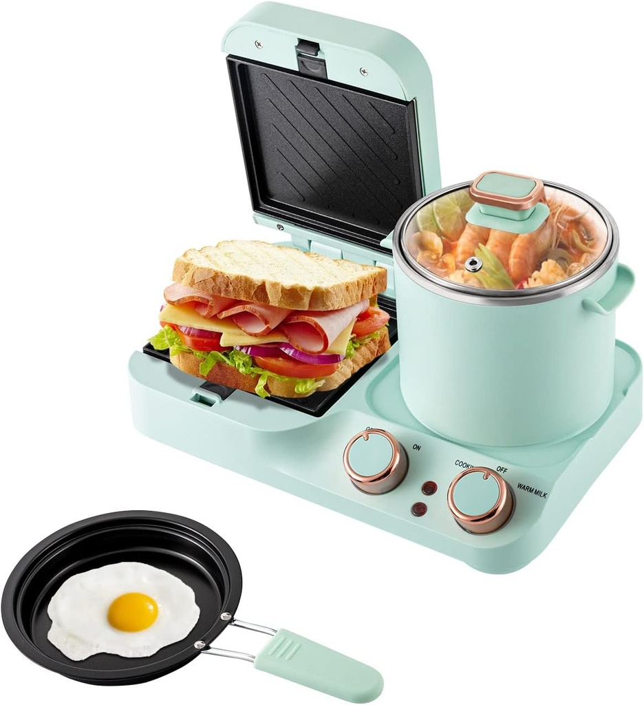 3 in 1 Breakfast Station, Breakfast Sandwich Maker, Electric Mini Toaster Bread Breakfast Machine, Mini Household Toaster Bread, with Frying Pan, Boiling Pot, Food Steamer, Frying Pan Non-stick