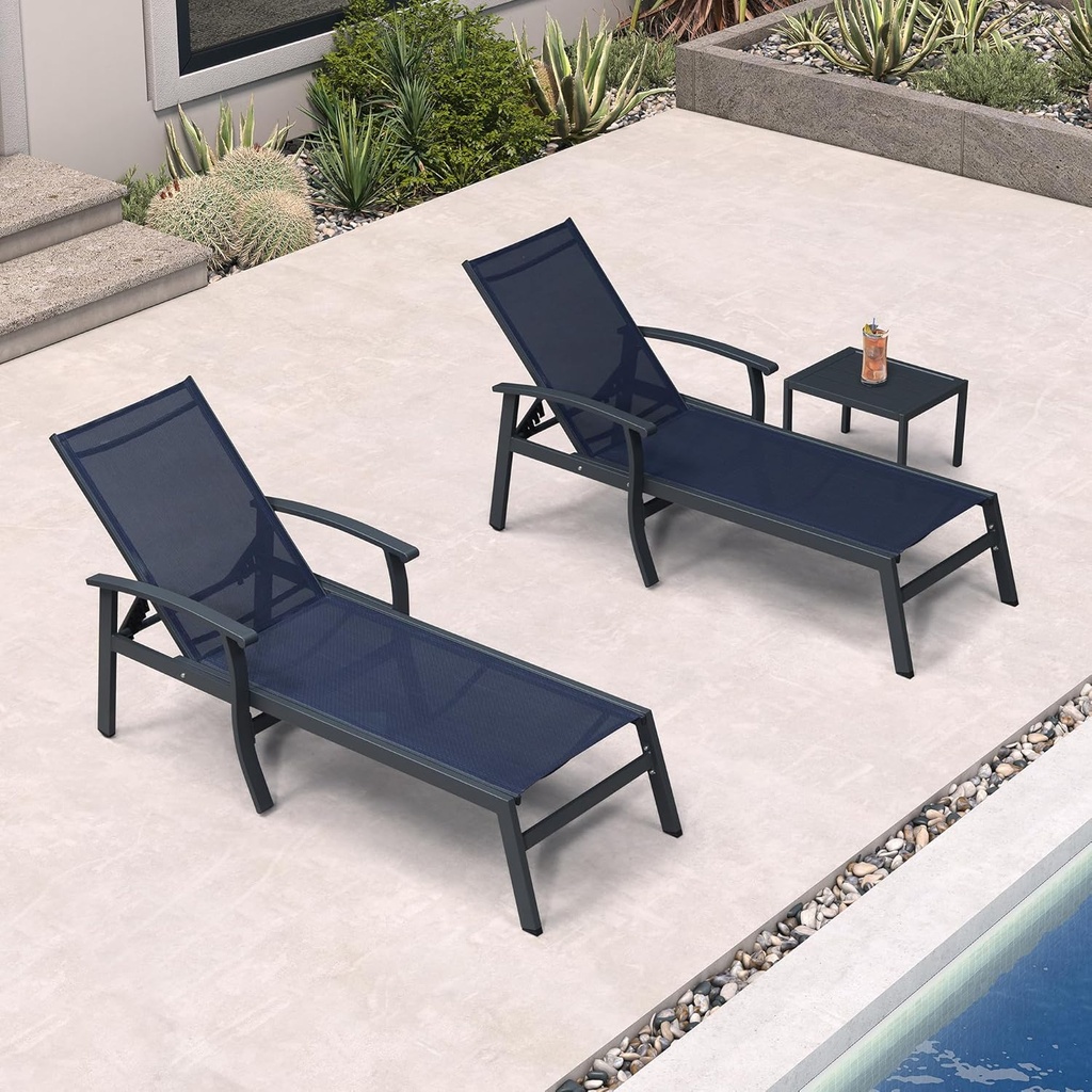 PURPLE LEAF Chaise Lounge Chair Outdoor 2 Pieces Pool Lounge Chairs 5 Adjustable Position with Armrests and Side Table Aluminum Patio Lounge Chair for Outside Backyard Beach Pool, Deep Blue