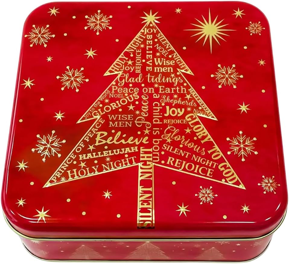 Metal Square Festive Christmas Cookie Tin with Lid | Festive Holiday Storage for Candy Snacks Holiday Christmas Party Decor Favor Gift Box RED GOLD JOY SNOWFLAKE