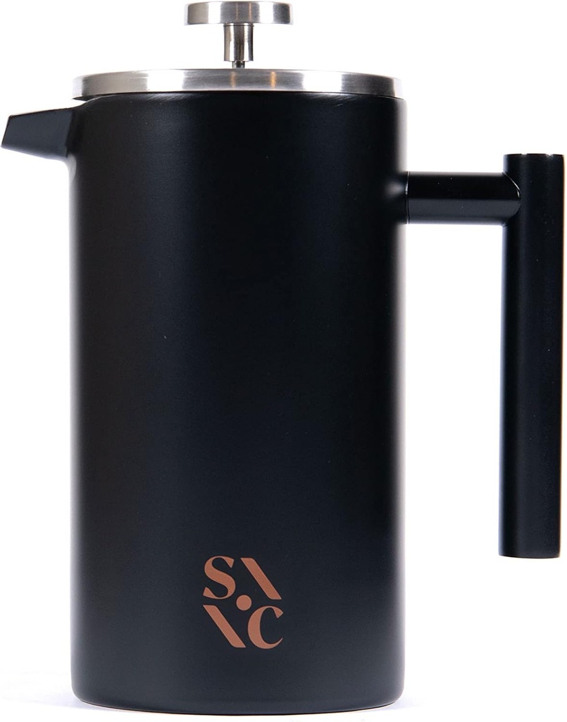 Stone & Clay Modern French Press - Black Stainless Steel Coffee Press - Double Walled Insulated Carafe with 1L/34oz Measurement - Cool Touch Handle, Beveled Lid, and Grooved Spout - 8 Cup Maker