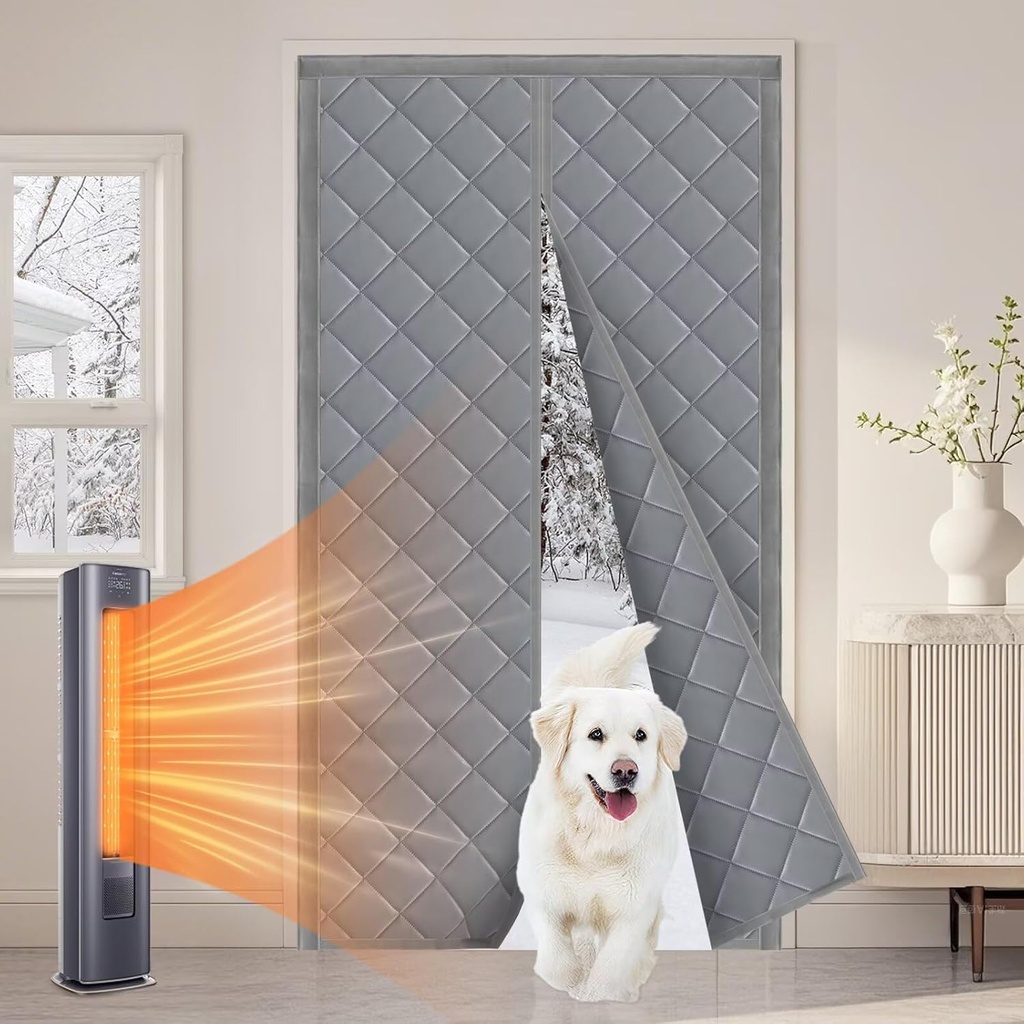 QNLONG Magnetic Insulated Door Curtain Fits 34"X82" Doors, Thermal Door Cover for Winter Curtain Size 36x84 Inch Oxford and Cotton Fill (Dark Gray)