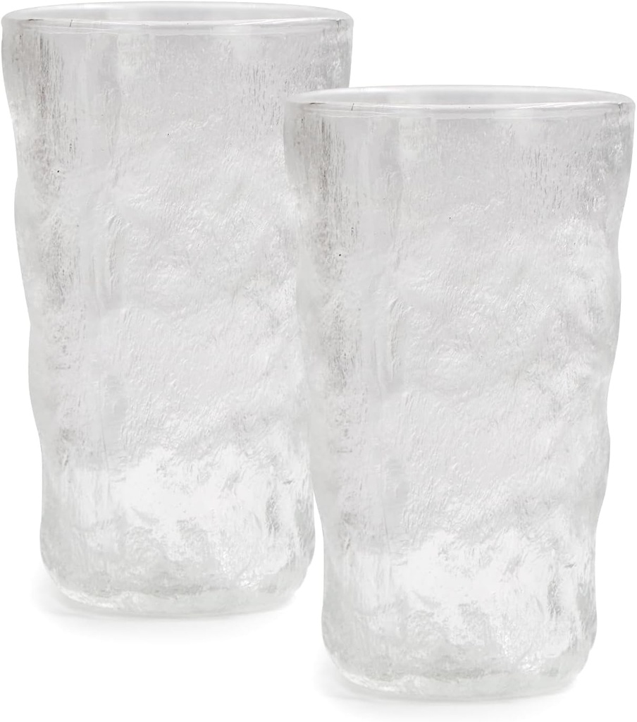 TOSSOW Drinking Glasses Set of 2,Mixed Drink Glassware Sets Glacier Pattern Colorful Glass Water Cups for Wine, Beer, Juice, milk, coffee,Mojito and Cocktail(12 oz) （transparent)