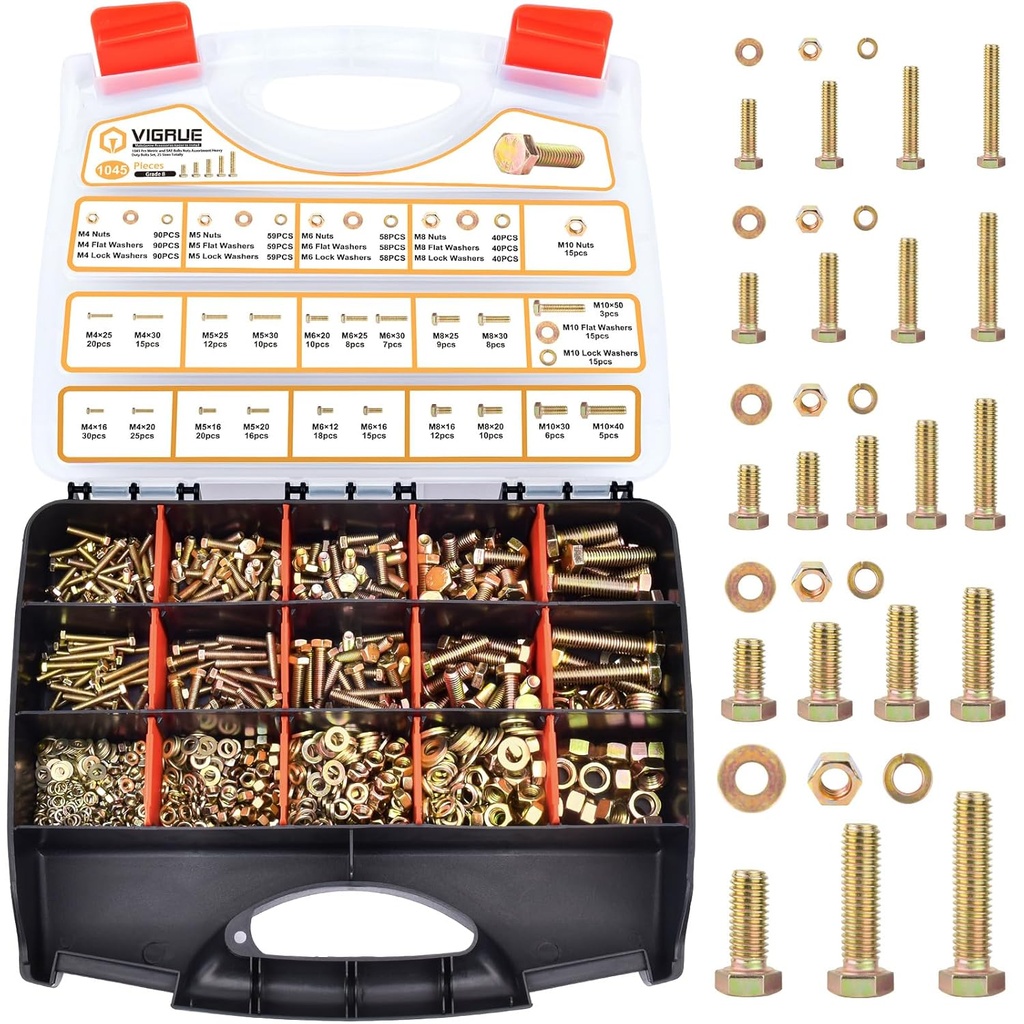 VIGRUE 1045PCS Grade 8.8 Metric Bolts and Nuts Assortment, M4 M5 M6 M8 M10 Bolt Assortment, Heavy Duty Zinc Plated, Length from 12mm - 30mm