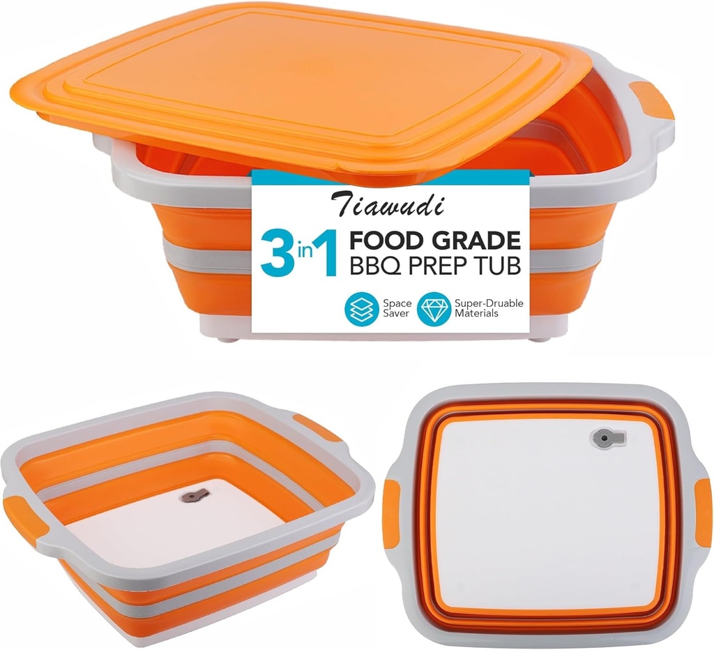 Collapsible Cutting Board with Container, Foldable Camping Sink with Colander, BBQ Prep Tub with Lid, Multifunction Dish Basin for Kitchen, Bowl, Vegetable and Fruit, 2.11 Gal/8L Storage Basket