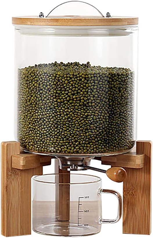 Rice Dispenser 5L, Food Storage Containers Glass Cereal Storage Dispenser with Airtight Bamboo Lids and Measuring Cup Kitchen Storage Container for All Beans, Barley, Millet