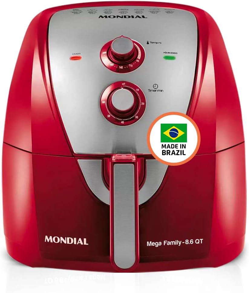 MONDIAL Air Fryer - 8.6 Quart Extra-Large Air Fryer, 2 Simple Dial Controls, 1800 Watts - Quick Heat Circulation Technology, Low Fat Cooking Less Calories - Removable Squared Basket - Red