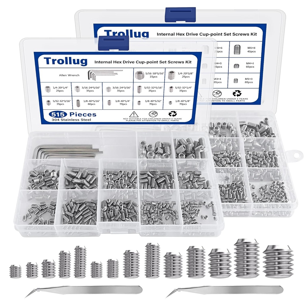 1305PCS Metric + SAE Set Screw Assortment Kit, Internal Hex Drive Headless Set Screw Assortment Kit with 10 Hex Wrenches, M3 to M8 and 1/8-40 to 5/16-18 (304 Stainless Steel)