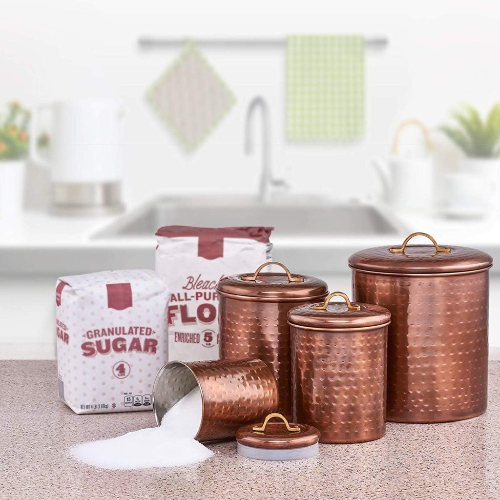 NuSteel Hammered Antique Copper 2 QT Stainless Steel Canister, Beautiful Food Storage Container for Kitchen Counter, Tea, Sugar, Coffee, Caddy, Flour Canister with Rubber Seal lid,TG-1843AC-2