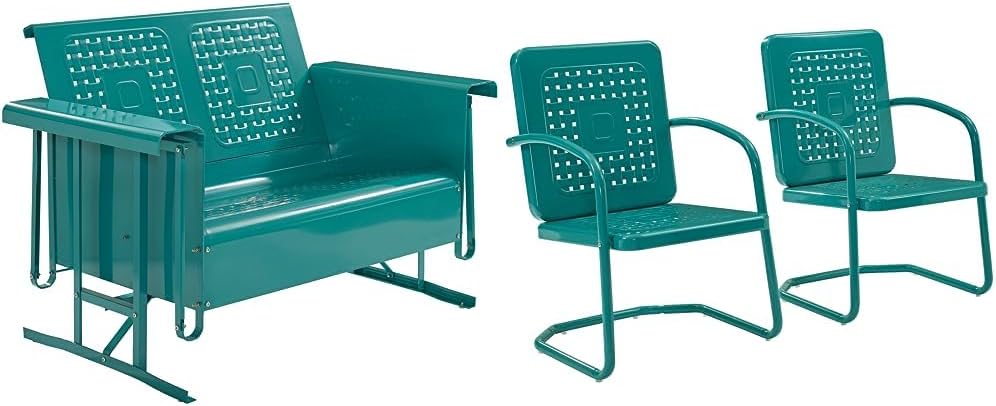 Crosley Furniture Bates Retro Metal Outdoor Loveseat Glider (CO1024-TU) and Arm Chair Set (CO1025-TU), Turquoise Gloss