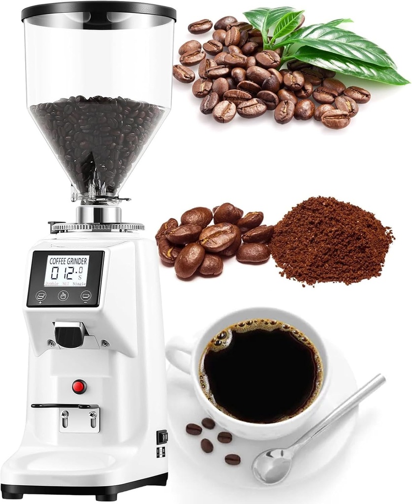 Electric Flat Burr Coffee Grinder,with Precision Timer,Household‌ Automatic Coffee Bean Mixer Grinder,19 Precise Grinding Adjusted,White-1500ml