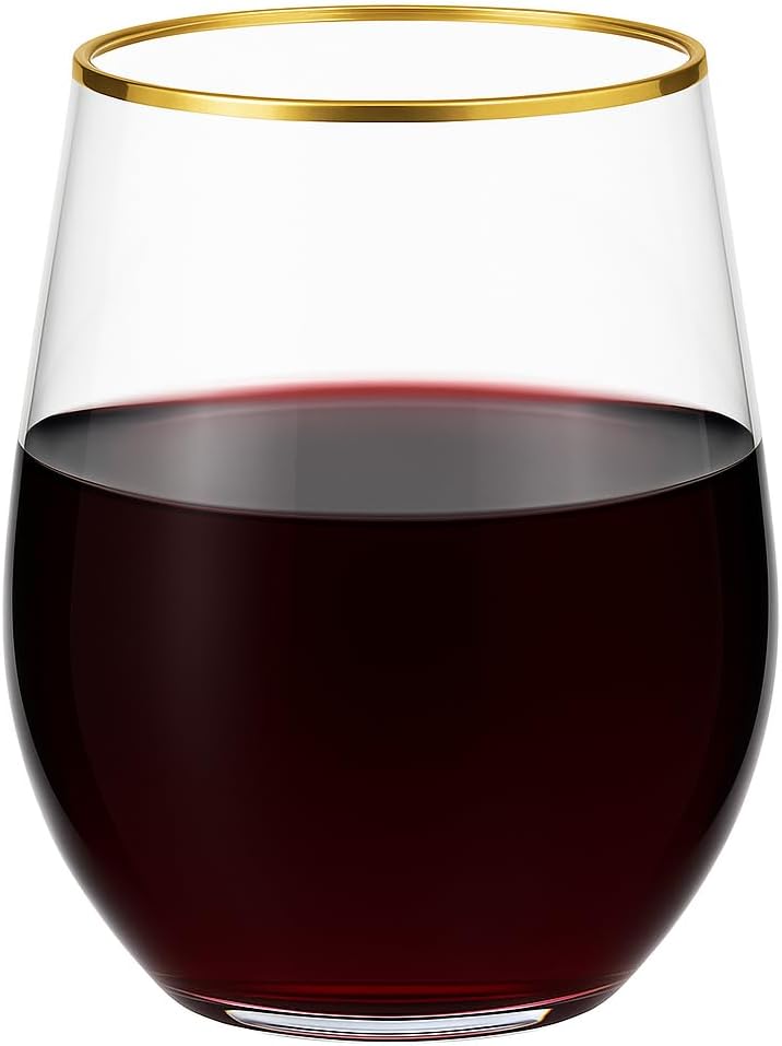 Oojami 36 piece Disposable Stemless Platic Wine Tumbler Cups Unbreakable Crystal Clear Gold Rim Plastic Wine Glasses elegant Drinkware for Wedding, Birthday, Indoor outdoor Pool 12 Ounce