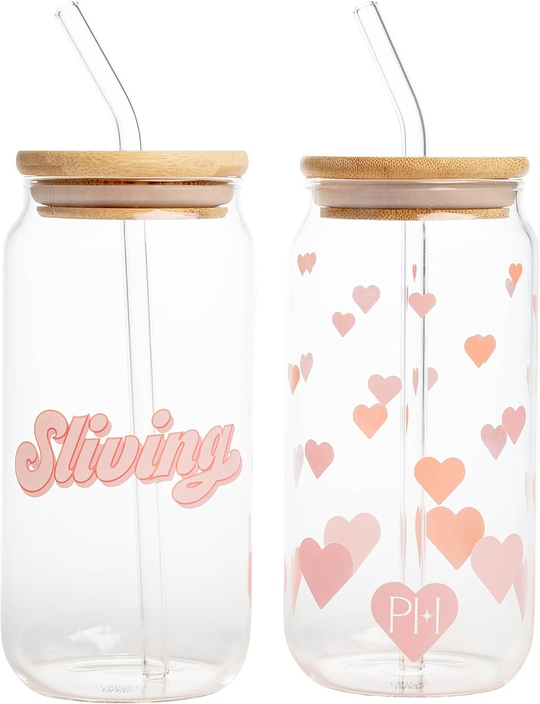 Paris Hilton Glass Tumblers Set with Iconic Decals, Includes Bamboo Lids, Reusable Glass Straws and Cleaning Brushes, Perfect for Iced Coffee, Water, and Cocktails, 2-Piece Set, 17-Ounce